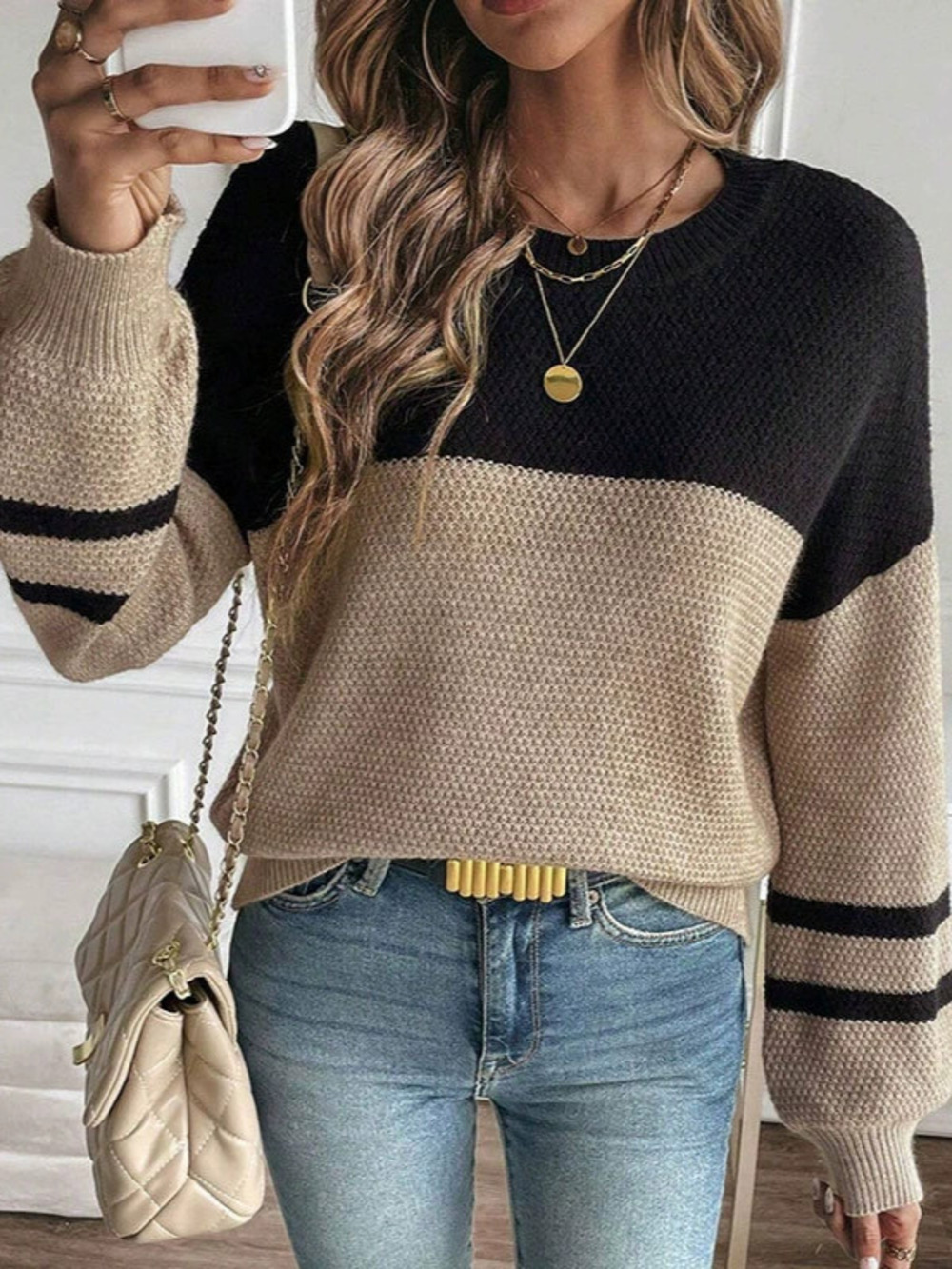 Womens Fall Long Sleeve Round Neck Color Block Knit Pullover Sweater Casual
